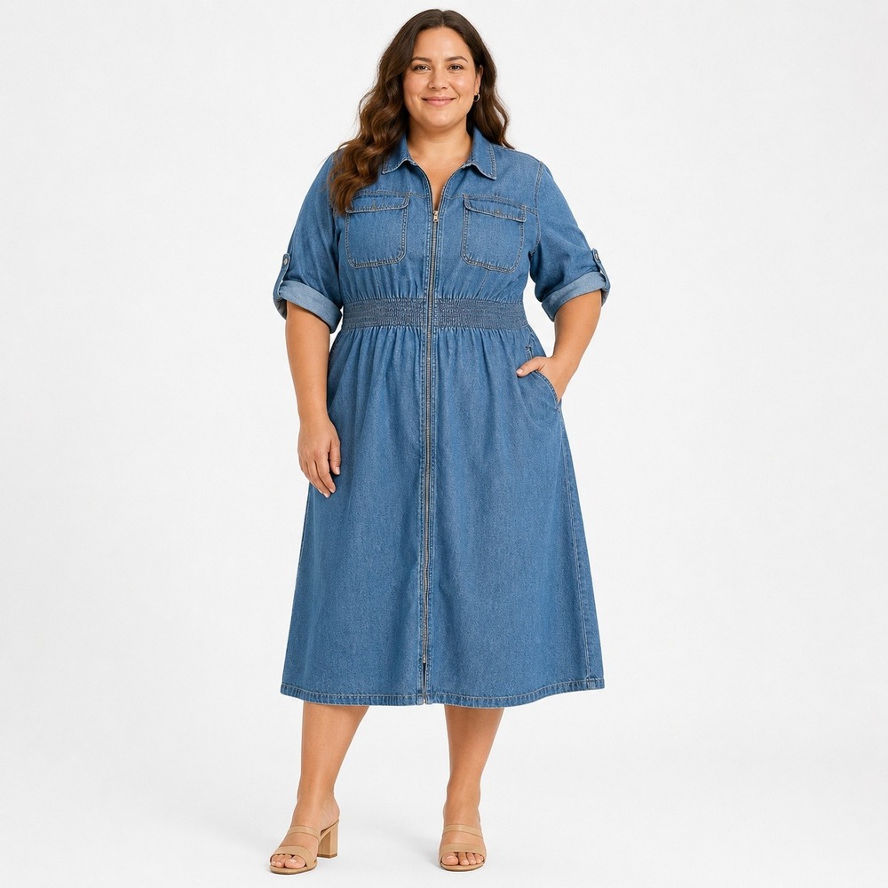 J Lee Dress Women 2X Blue Denim Zip Front Smocked Waist Roll Tab Midi Utility